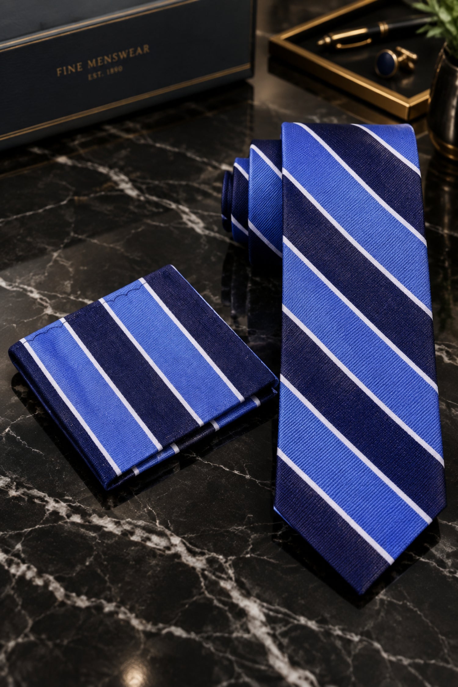 Blue Stripe Tie and square 32
