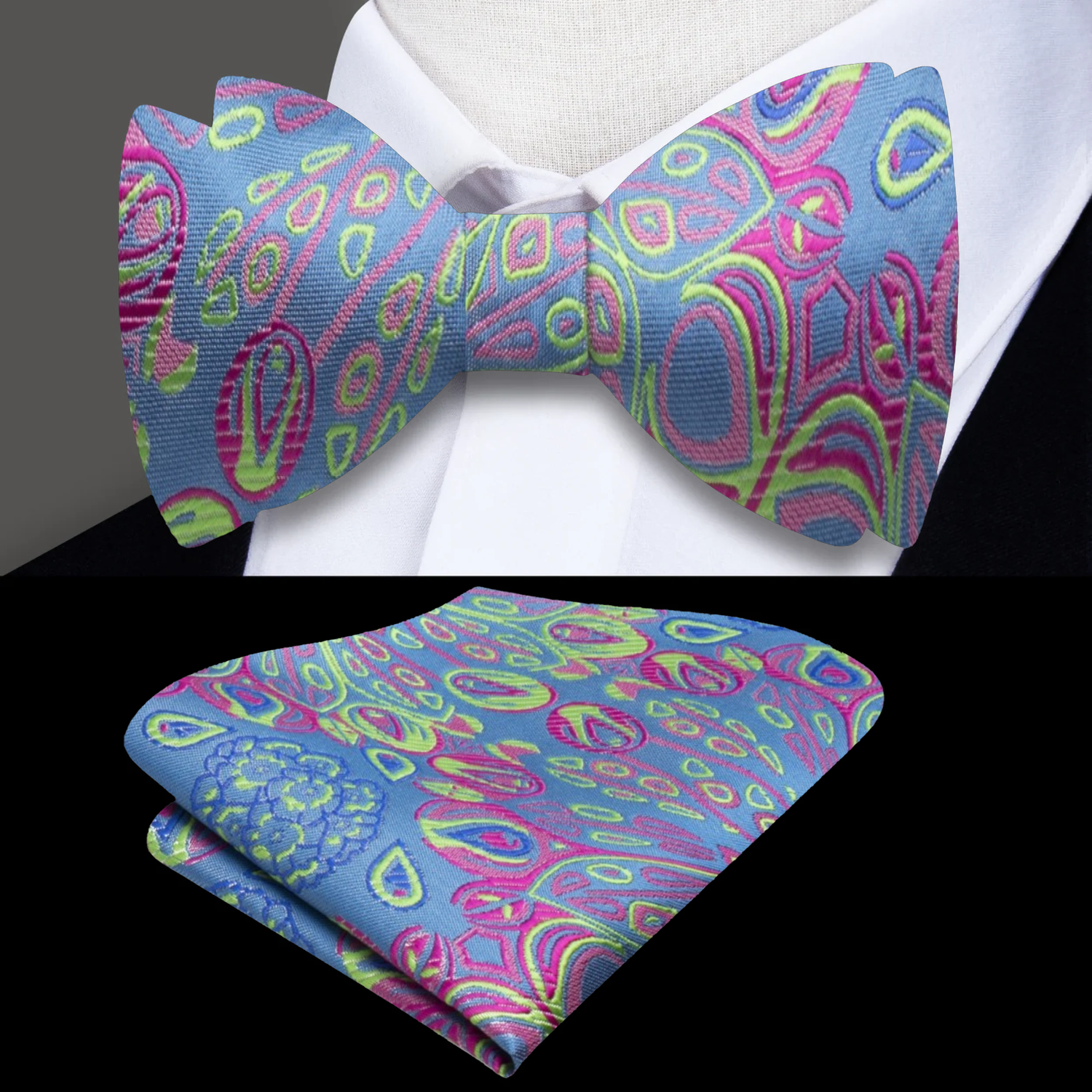 A Neon Blue, Yellow, Pink Abstract Peacock Feather Pattern Silk Self Tie Bow Tie, Matching Pocket Square