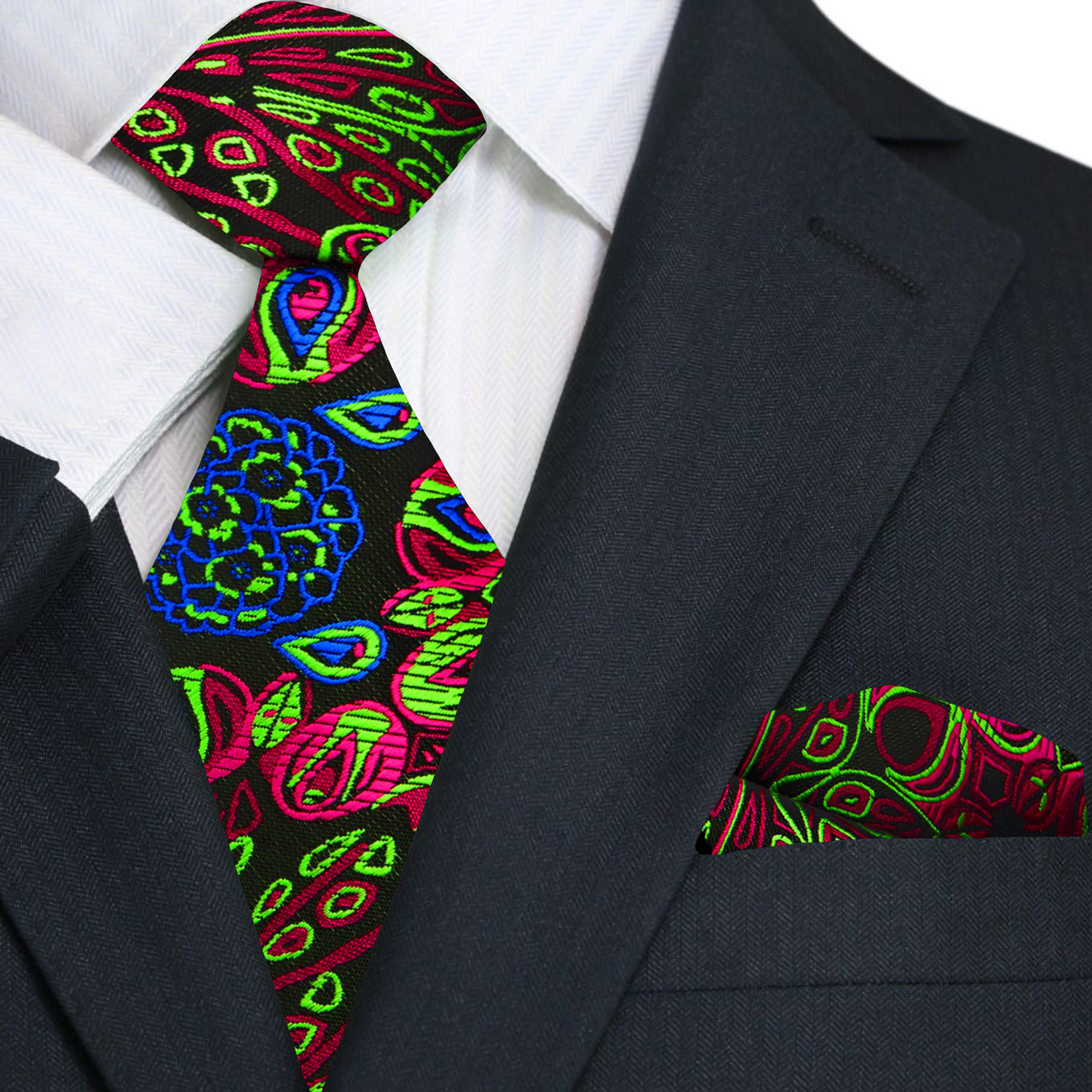 Main A Black, Neon Yellow, Pink Abstract Peacock Feather Pattern Necktie, Matching Pocket Square