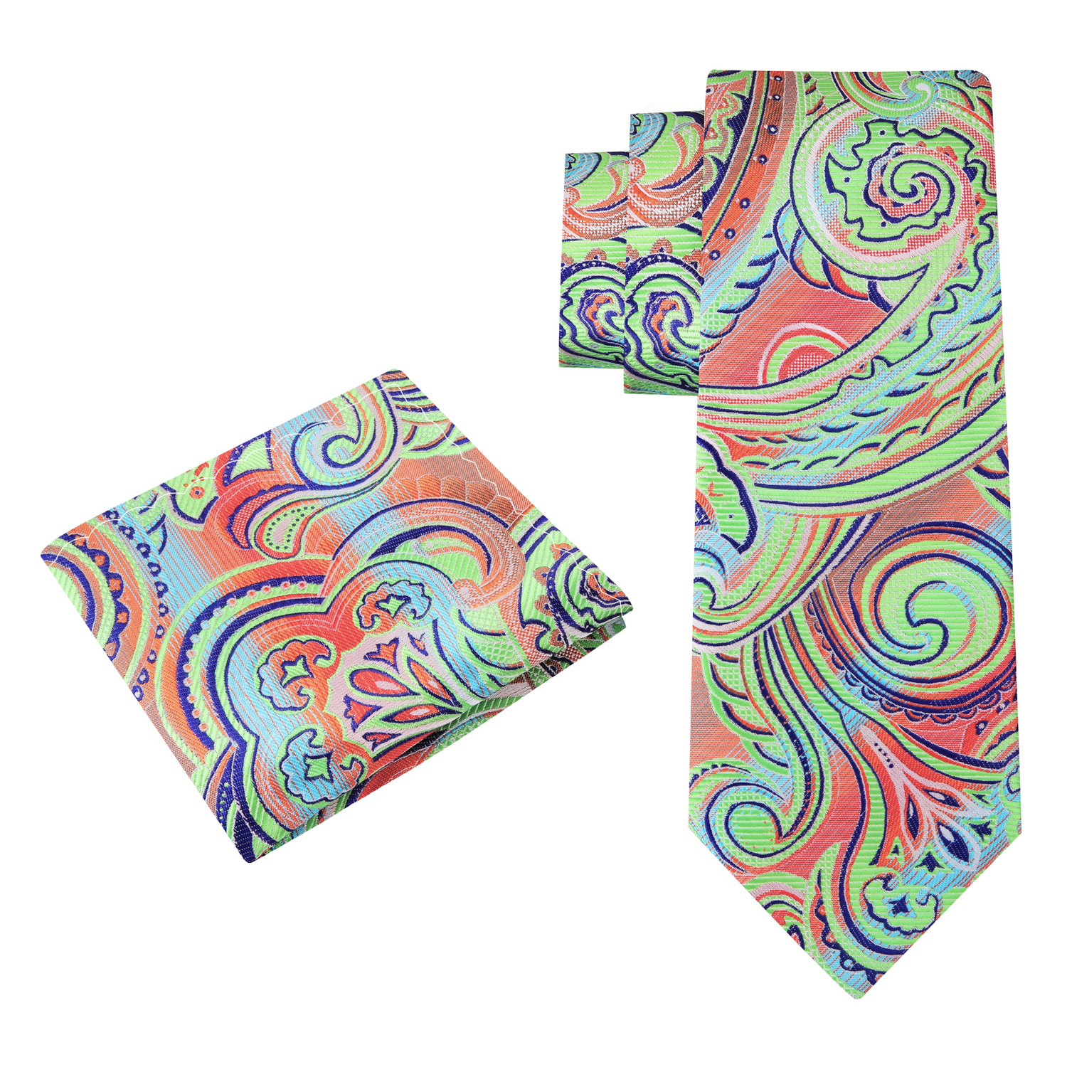 Alt View: Neon Green, Orange, Blue Paisley Necktie and Matching Square