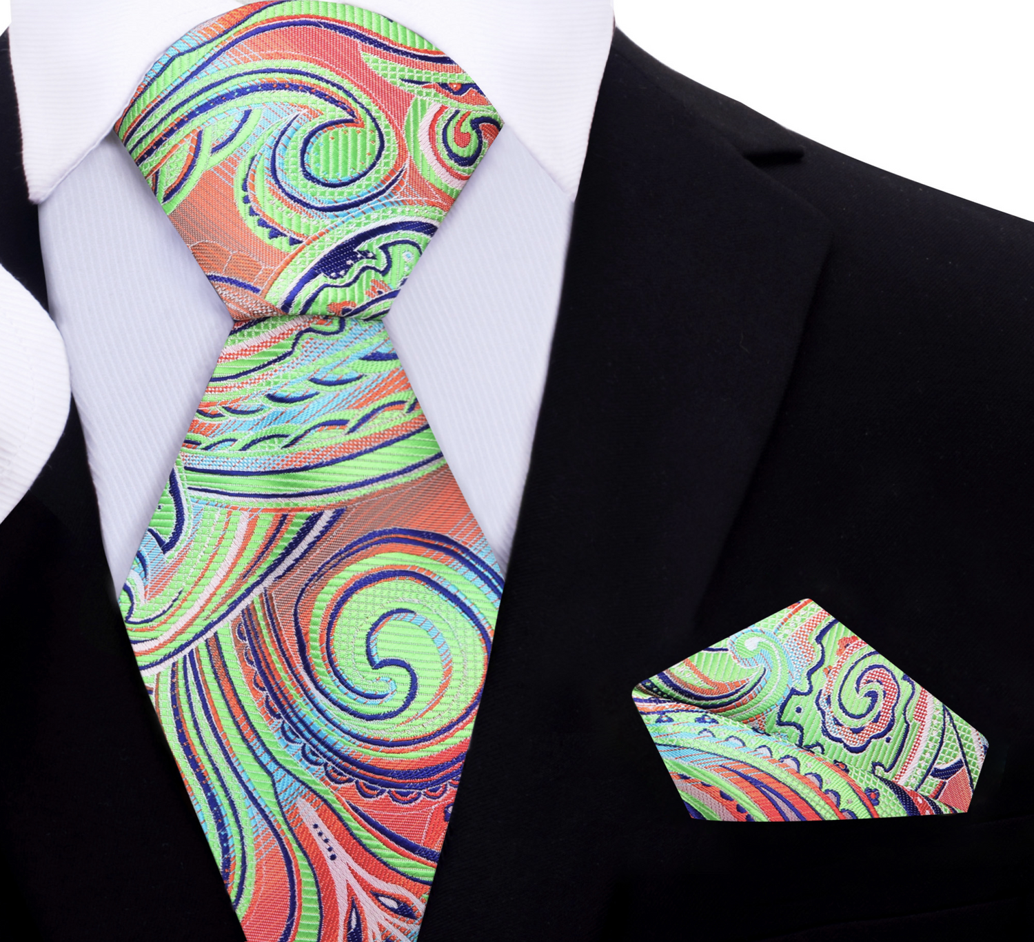 Neon Green, Orange, Blue Paisley Necktie and Matching Square