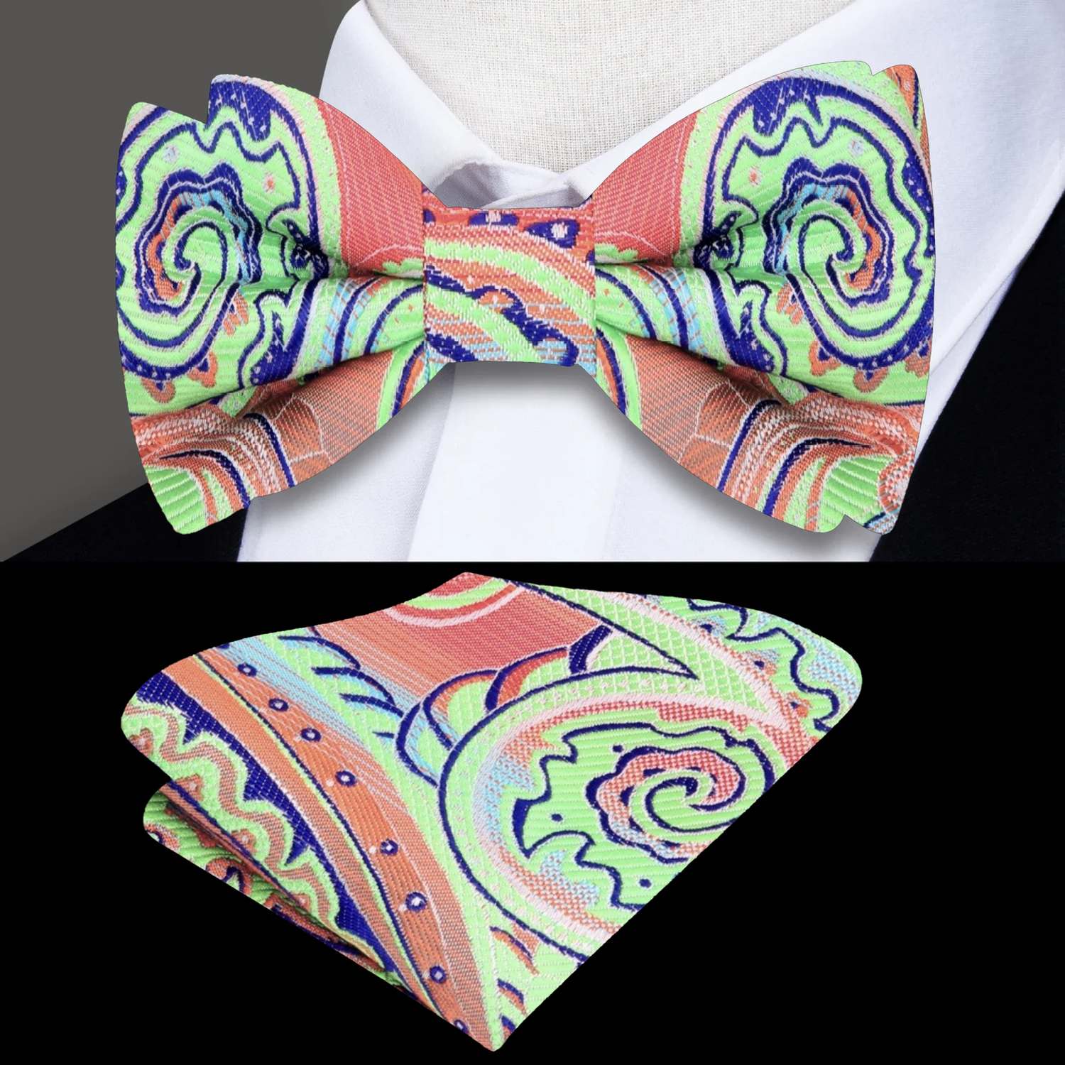 A Peach, Bright Green Pattern Silk Bow Tie, Matching Pocket Square