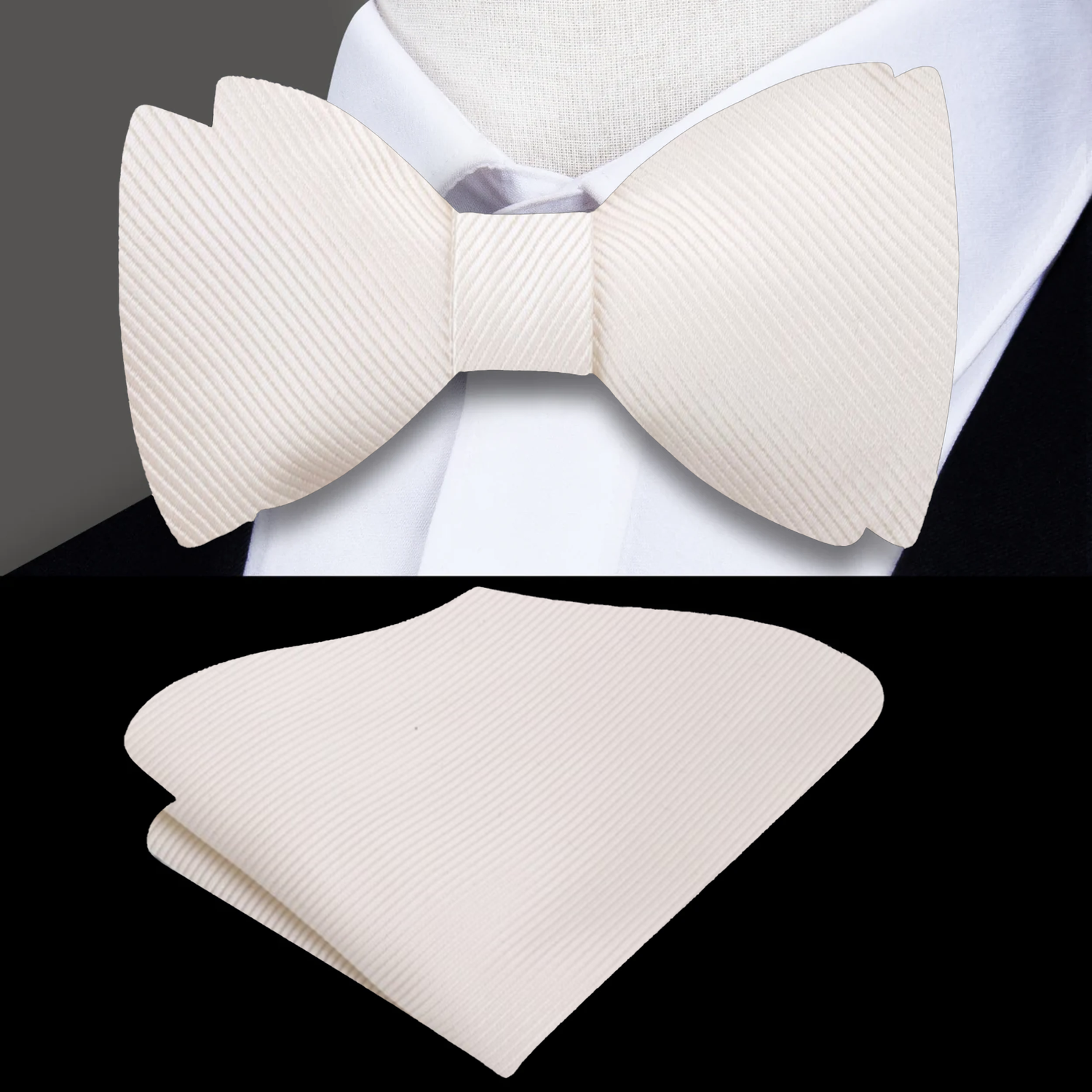 A Cream Solid Pattern Silk Self Tie Bow Tie, Matching Pocket Square|