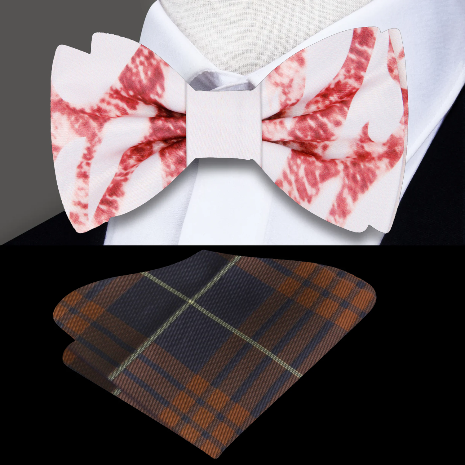 Rose Gold and White Marble Bow Tie and Accenting Brown Plaid Pocket Square