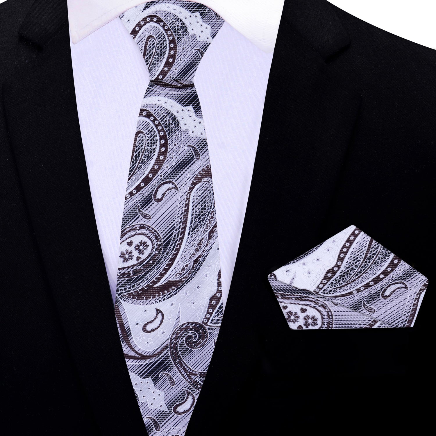 Thin Tie: A White, Grey, Brown Paisley Pattern Silk Necktie, With Pocket Square