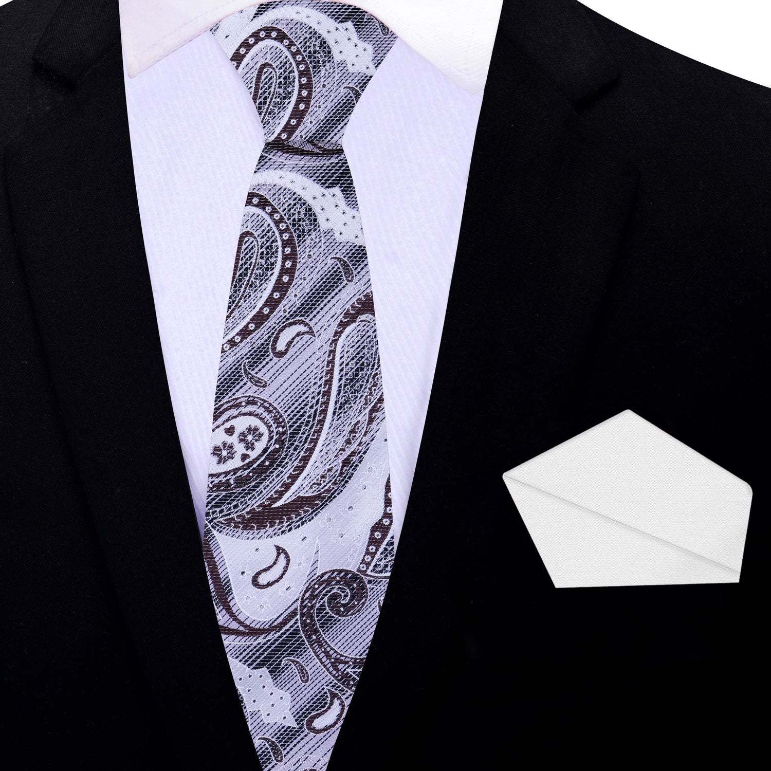 Thin Tie: A White, Grey, Brown Paisley Pattern Silk Necktie, With White Pocket Square