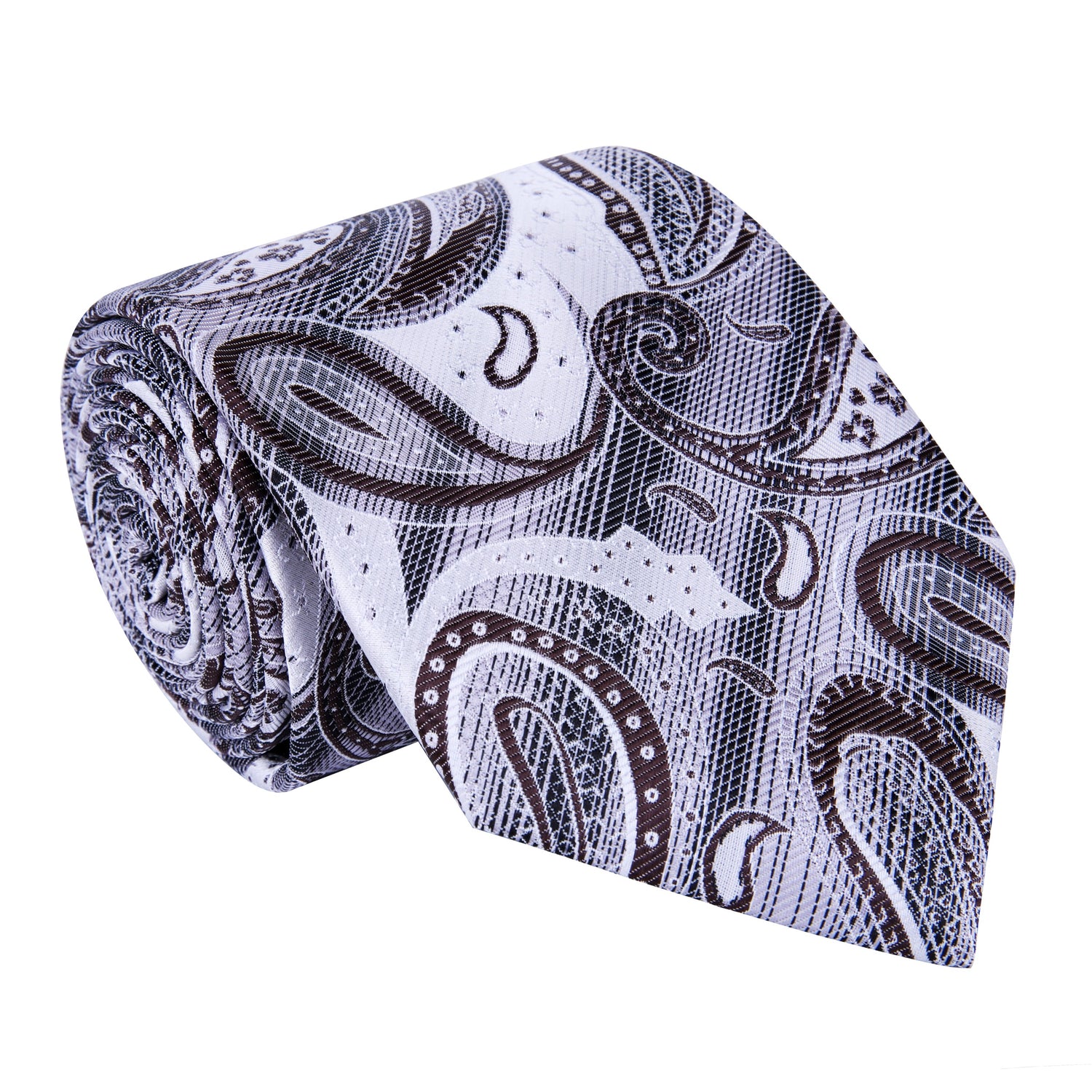 A White, Grey, Brown Paisley Pattern Silk Necktie 