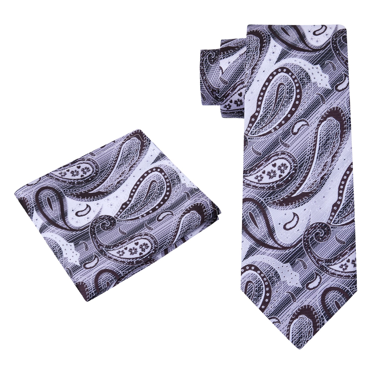 Alt View: A White, Grey, Brown Paisley Pattern Silk Necktie, With Pocket Square