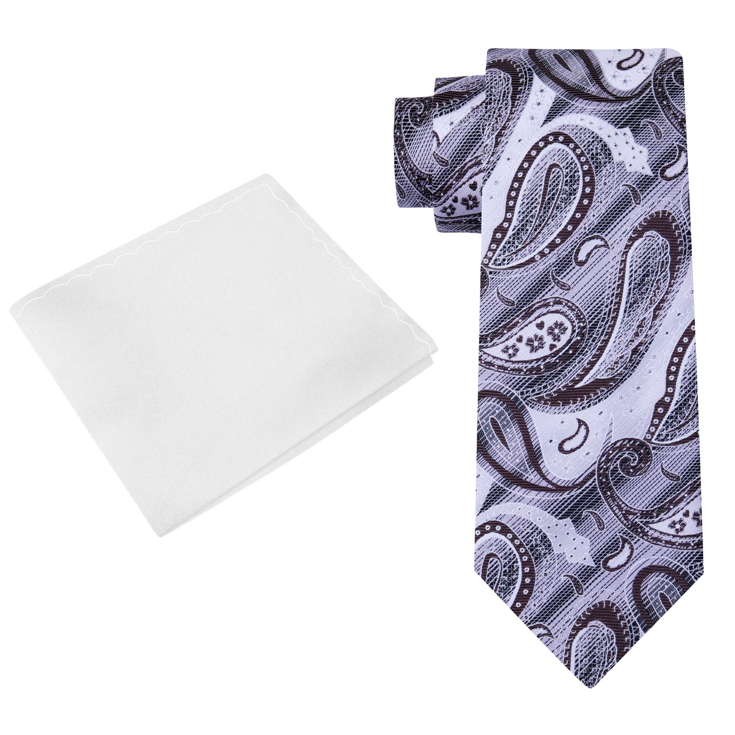 Alt view: A White, Grey, Brown Paisley Pattern Silk Necktie, With White Pocket Square