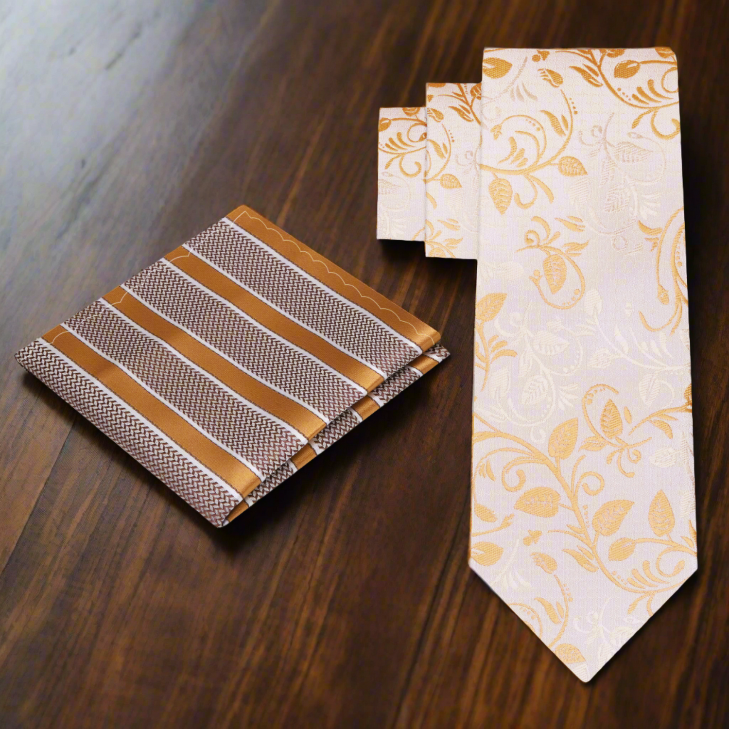 Beige, Brown Cream Vines Necktie and Accenting Square