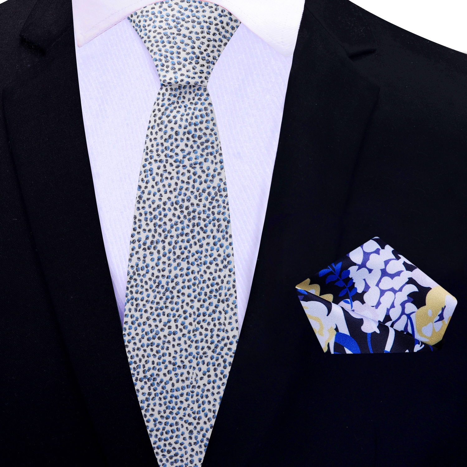 Thin Tie: Off-white with Black and Blue Pebbles with Black Blue Floral Square