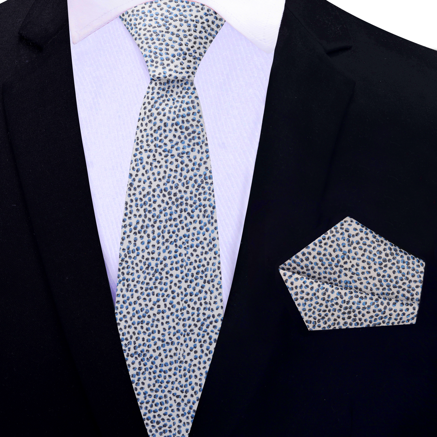 Thin Tie: Off-white with Black and Blue Pebbles with Matching Square
