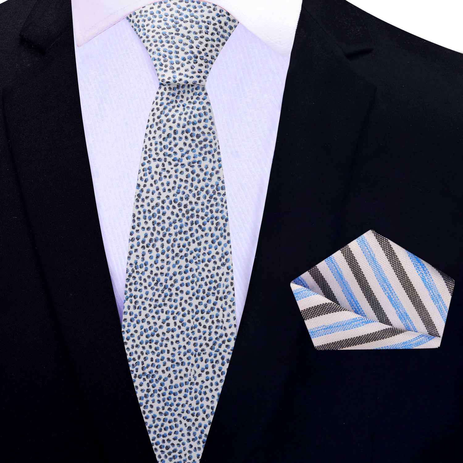 Thin Tie: Off-white with Black and Blue Pebbles with White Black and Blue Stripe Square