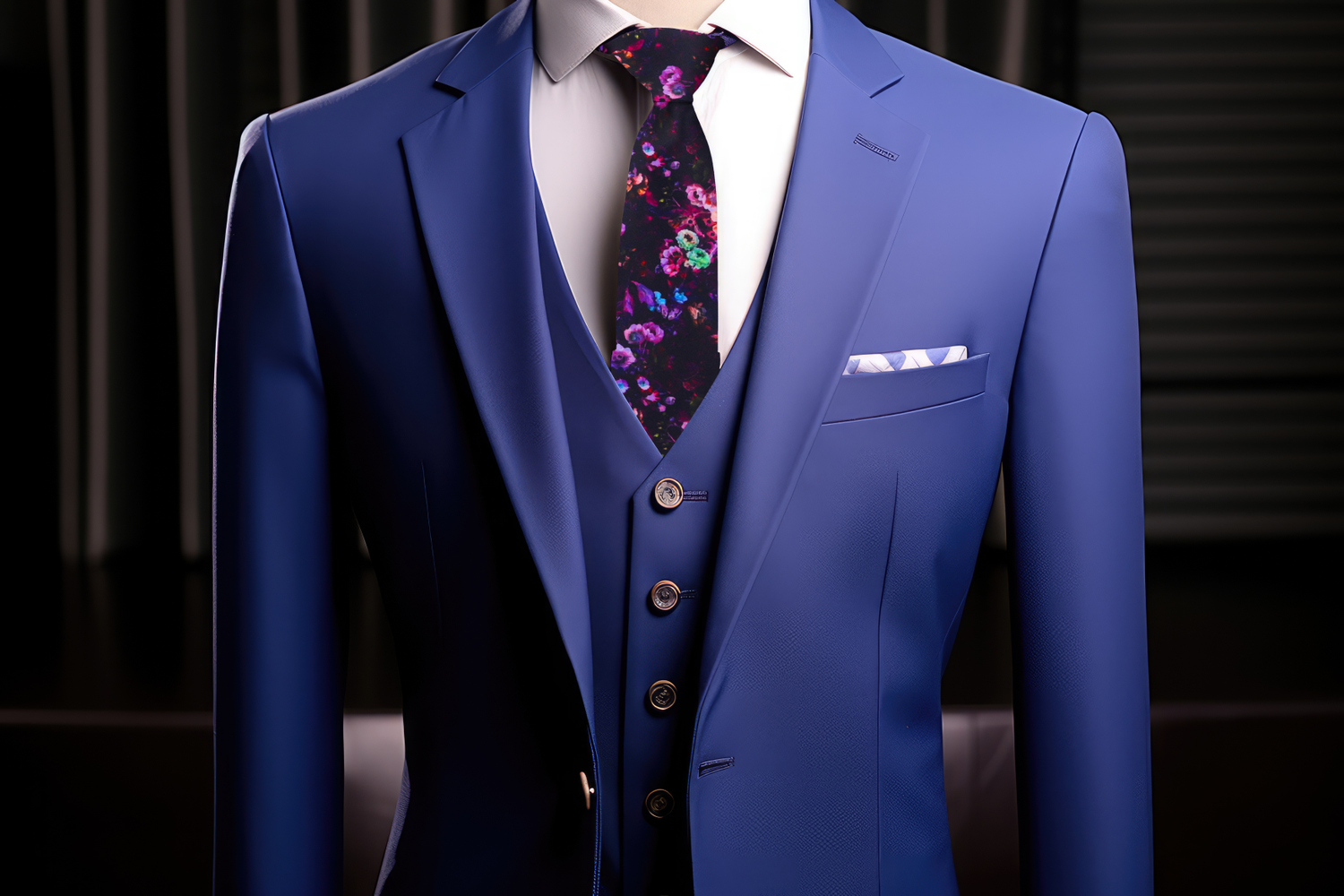 Man Wearing Blue Suit and Dark Wine, Pink, Orange, Purple Flowers Necktie