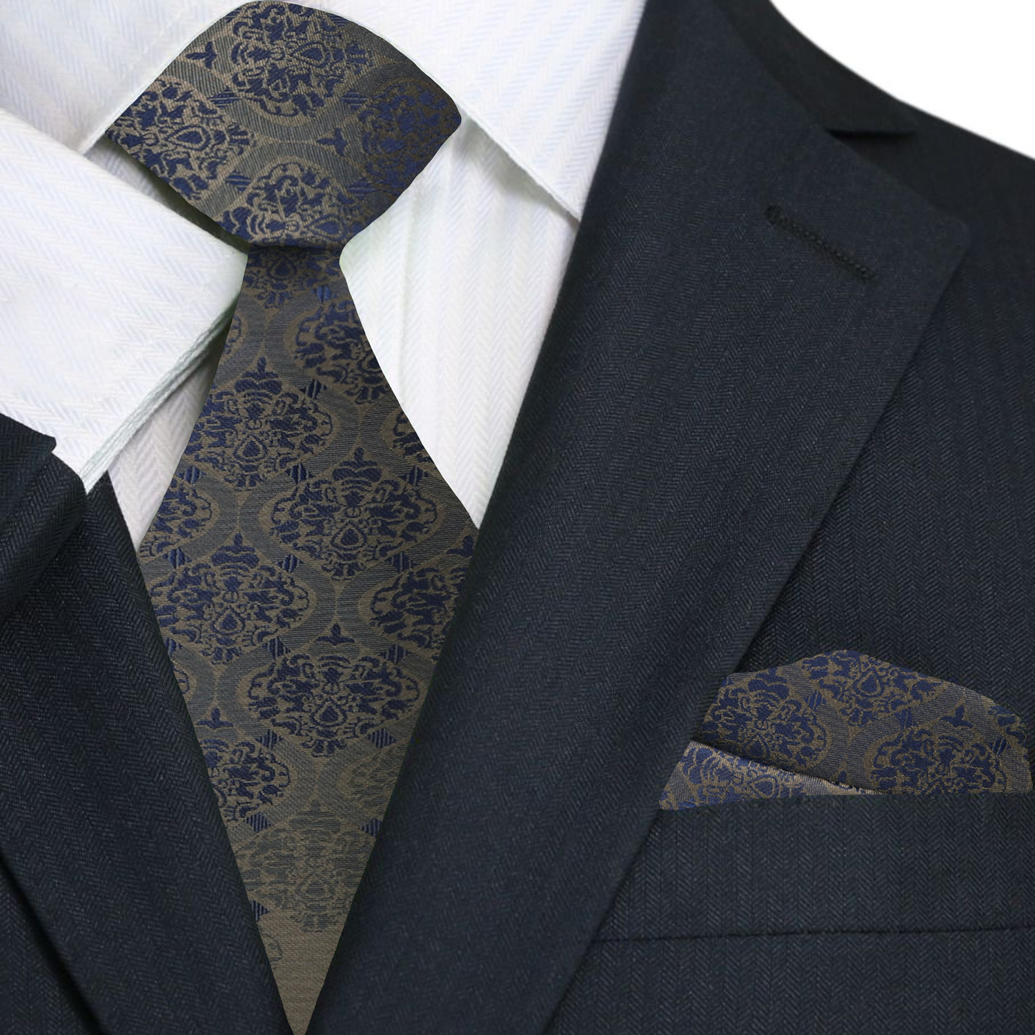 Deep Olive Green, Deep Blue Abstract Tie and Pocket Square