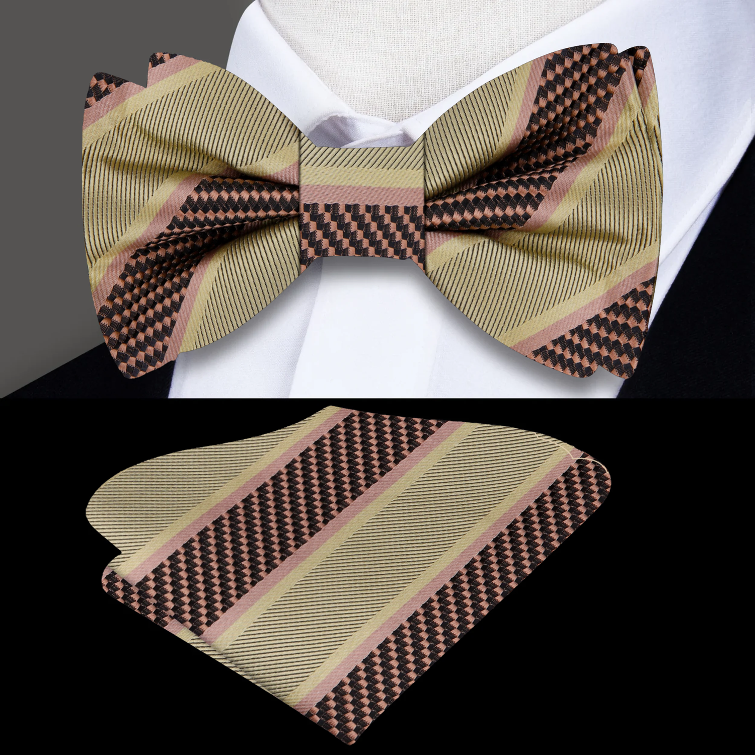 Olive Gold, Brown Stripe Bow Tie and Pocket Square||Olive Gold