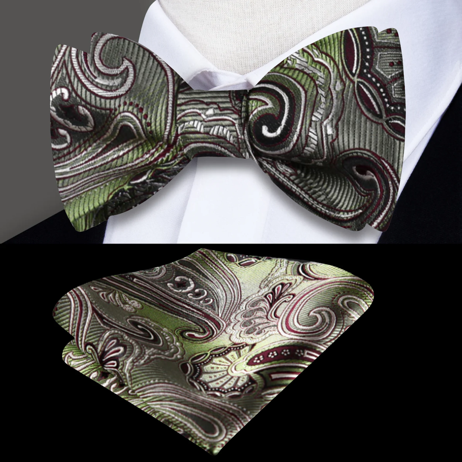 A Green, Burgundy Paisley Pattern Silk Bow Tie, Matching Silk Pocket Square