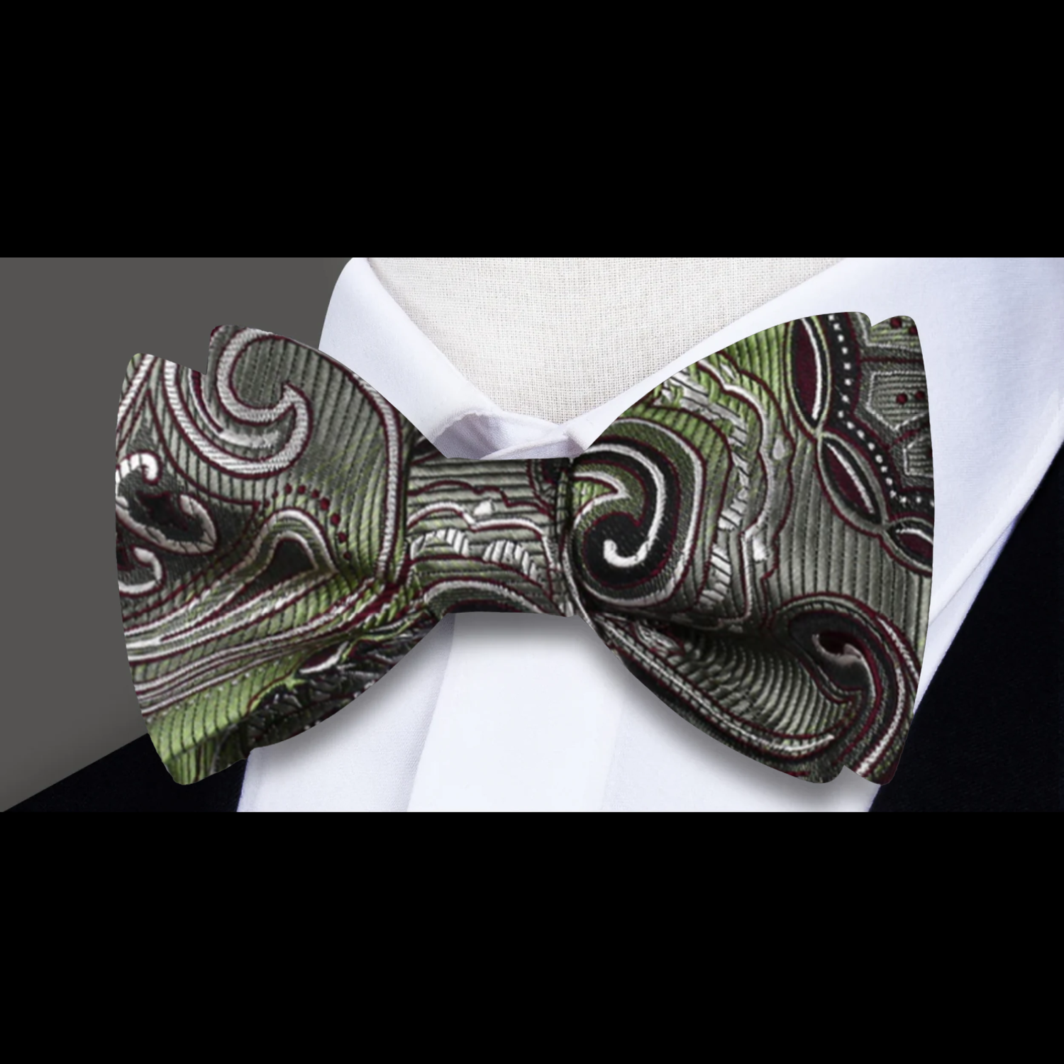 A Green, Burgundy Paisley Pattern Silk Bow Tie 