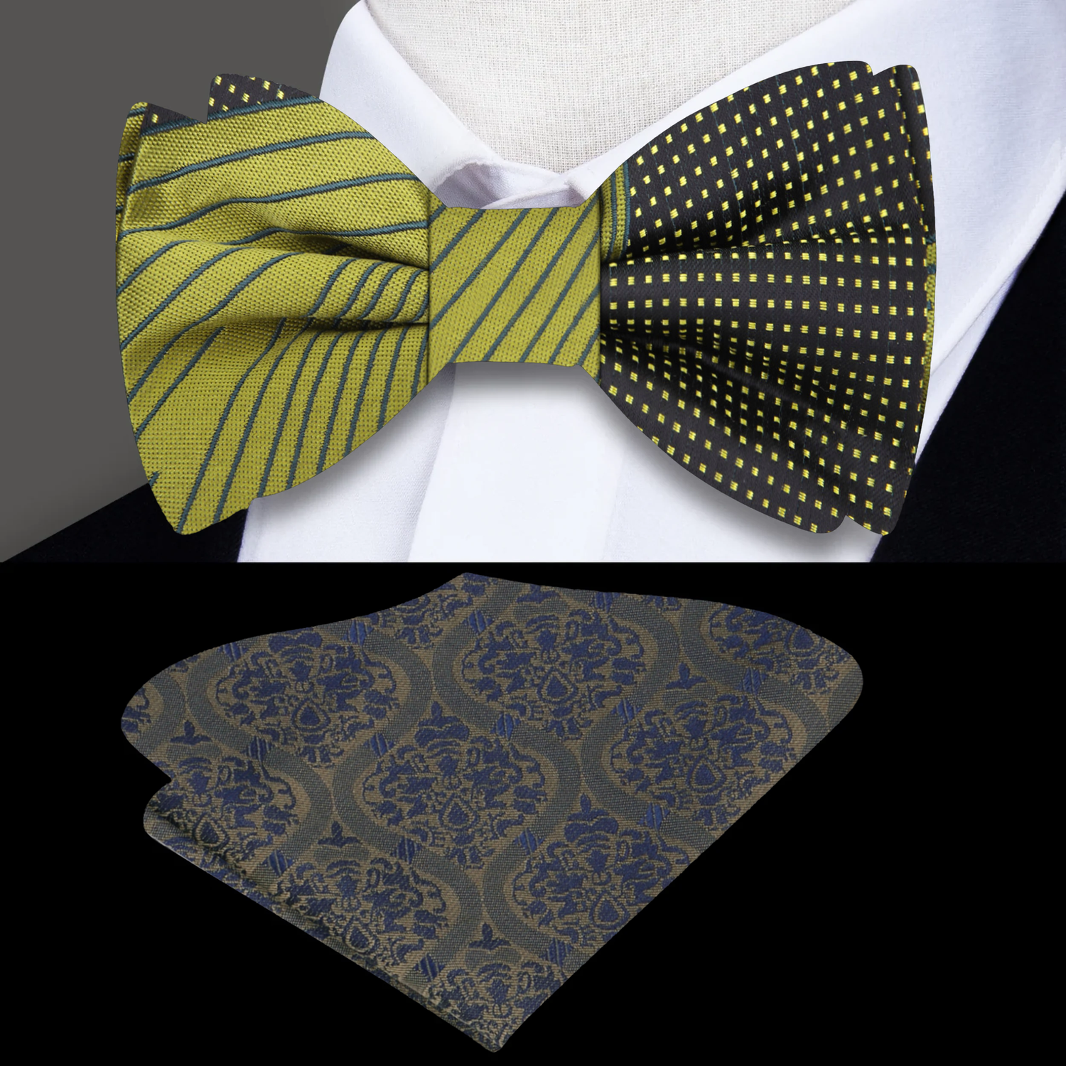 Olive, Lime, Black Abstract Bow Tie and Accenting Pocket Square