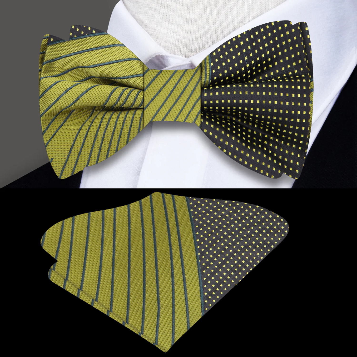 Olive, Lime, Black Abstract Bow Tie and Pocket Square