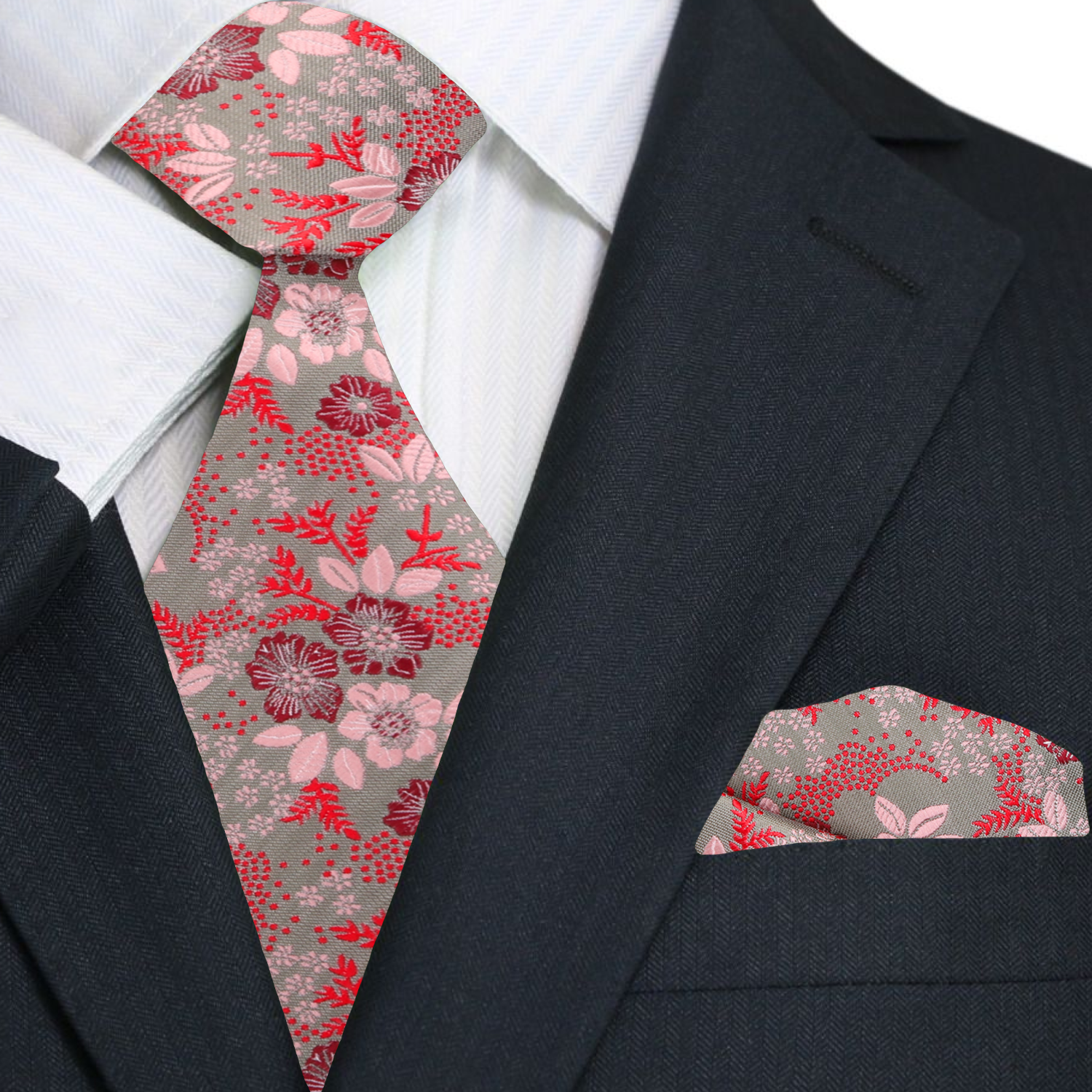 Barely Olive, Red, Burgundy Floral Tie and Square||Barely Olive/Red