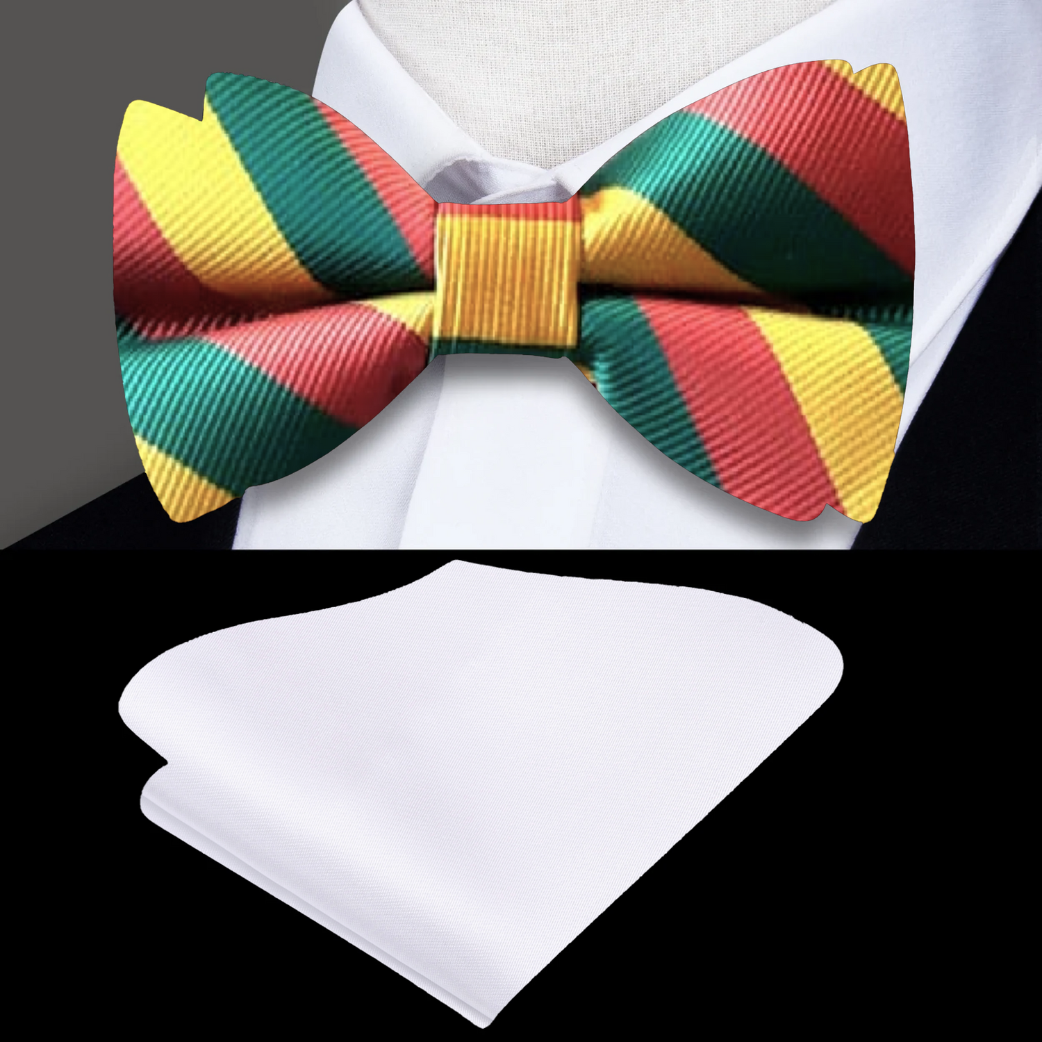 Red, Yellow, Green Stripe Bow Tie and White Square