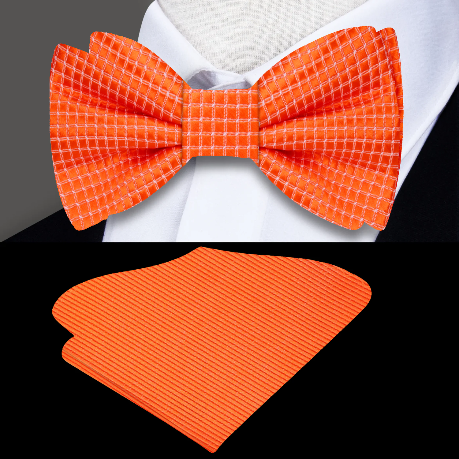 Main View: Orange with White Geometric Texture Bow Tie and Pocket Square