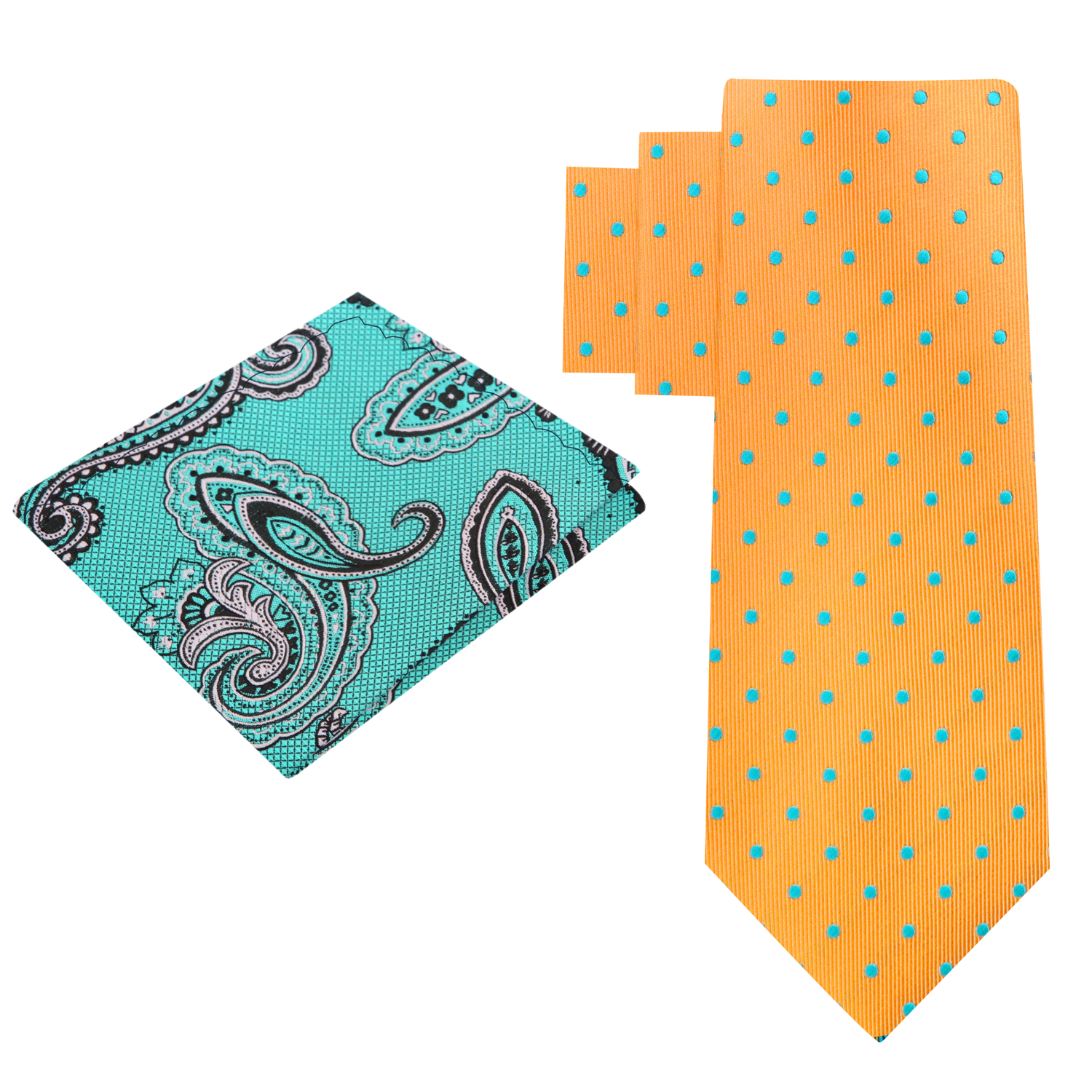 Alt View: Orange with Aqua Dots Necktie and Aqua Blue Paisley Pocket Square