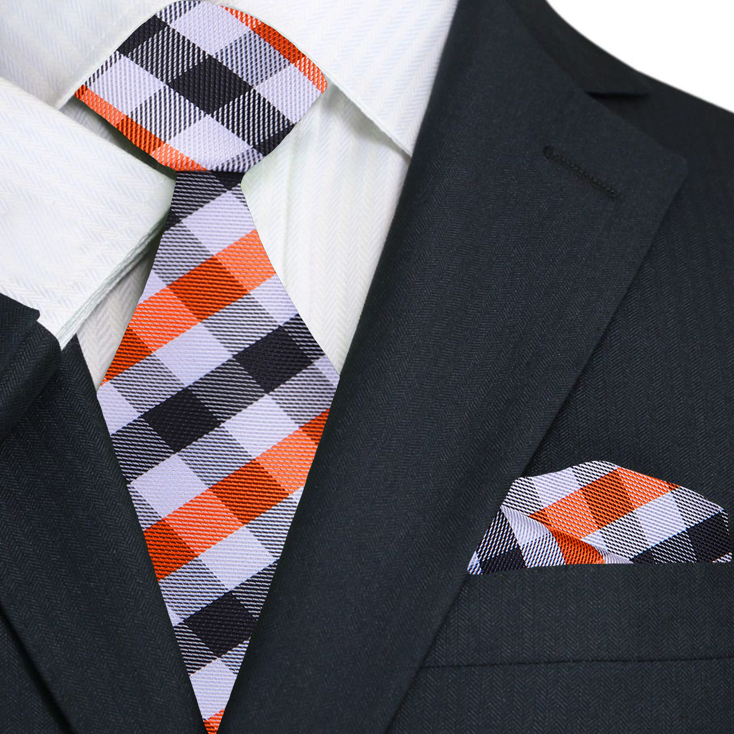 A Orange, White, Geometric Check Pattern Necktie and Square