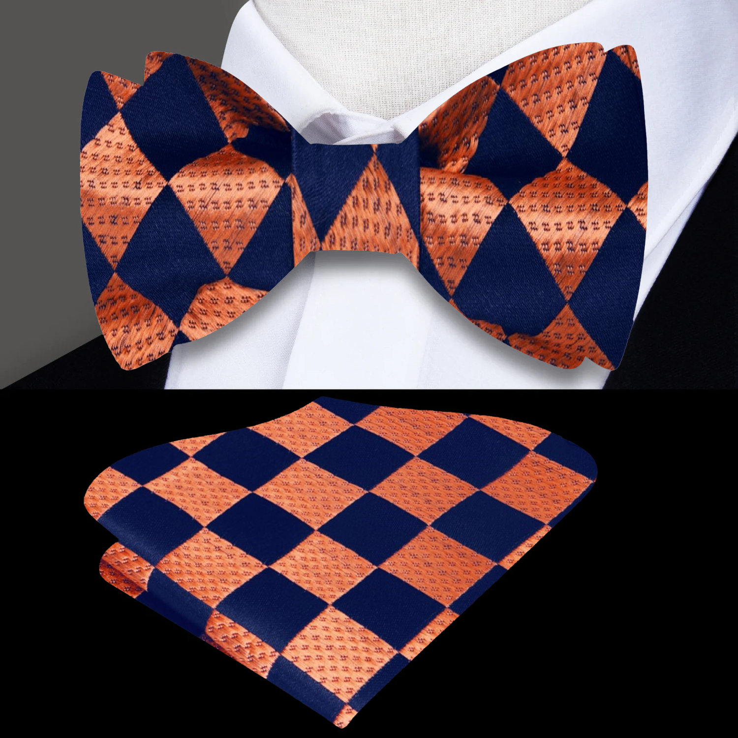 Black Orange Check Bow Tie and Pocket Square