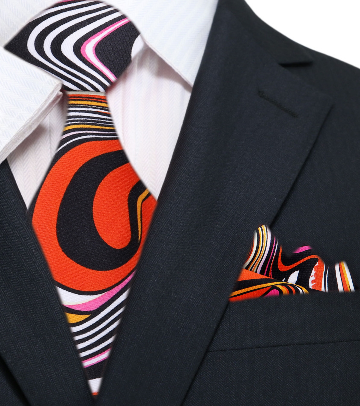 Main: Main View: Black, Orange, Pink Abstract Tie and Pocket