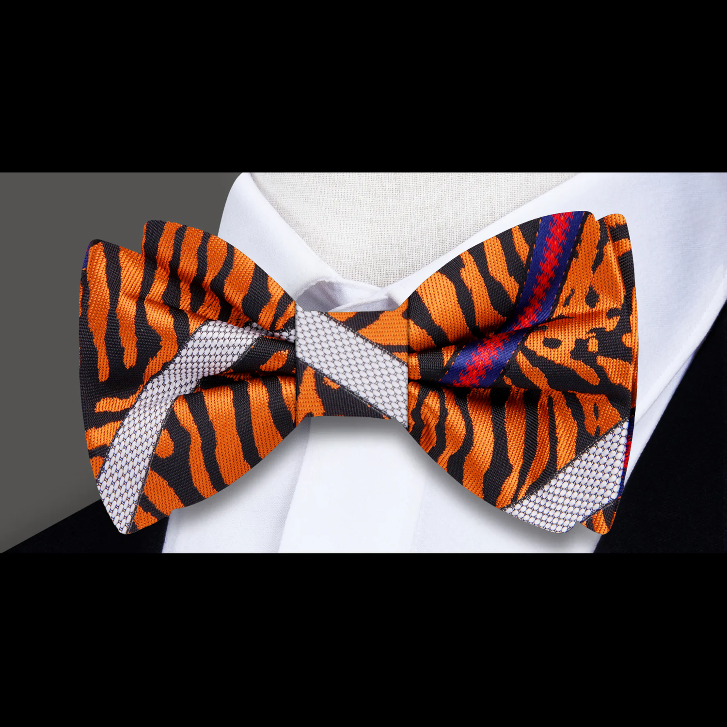 Orange Blue Grey Red Tiger and Stripe Pattern Bow Tie 
