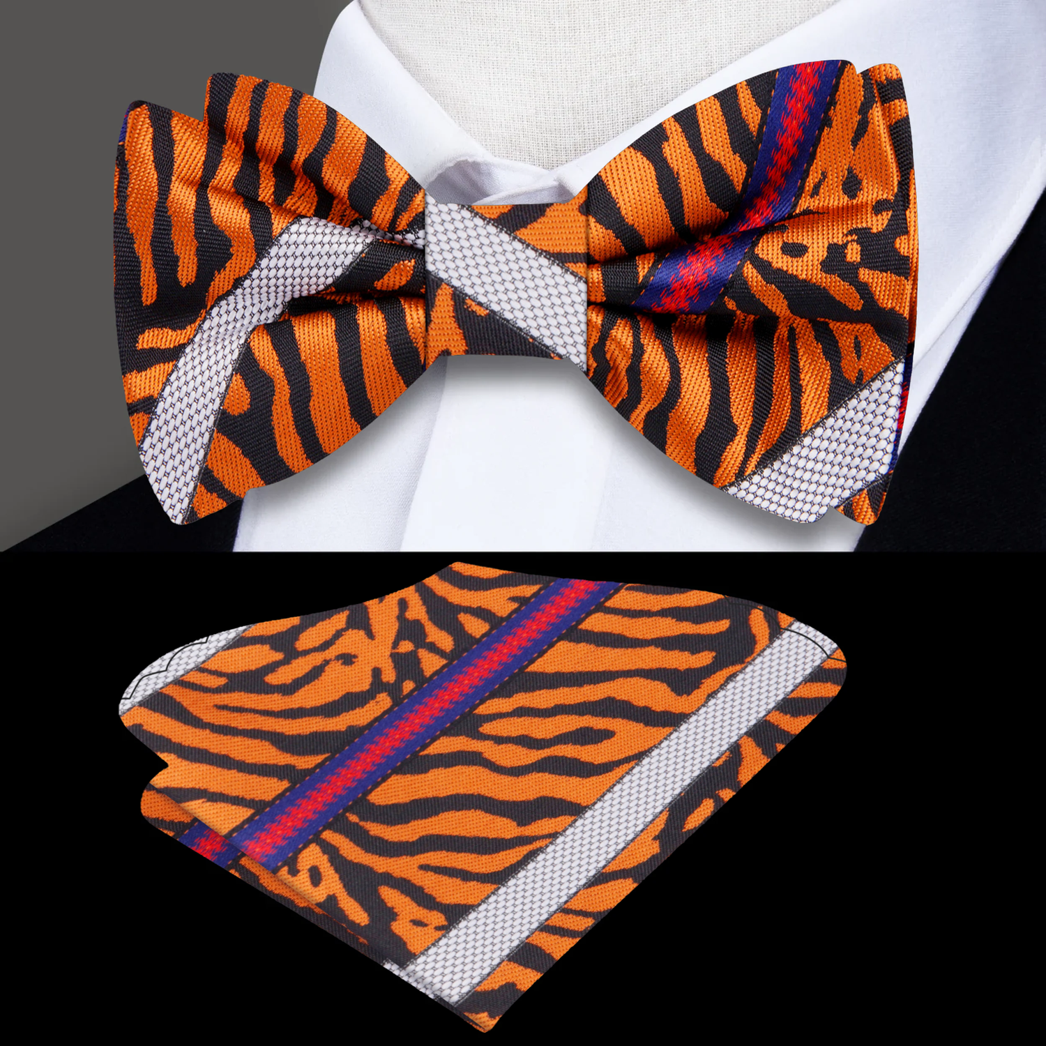 Orange Blue Grey Red Tiger and Stripe Pattern Bow Tie and Square