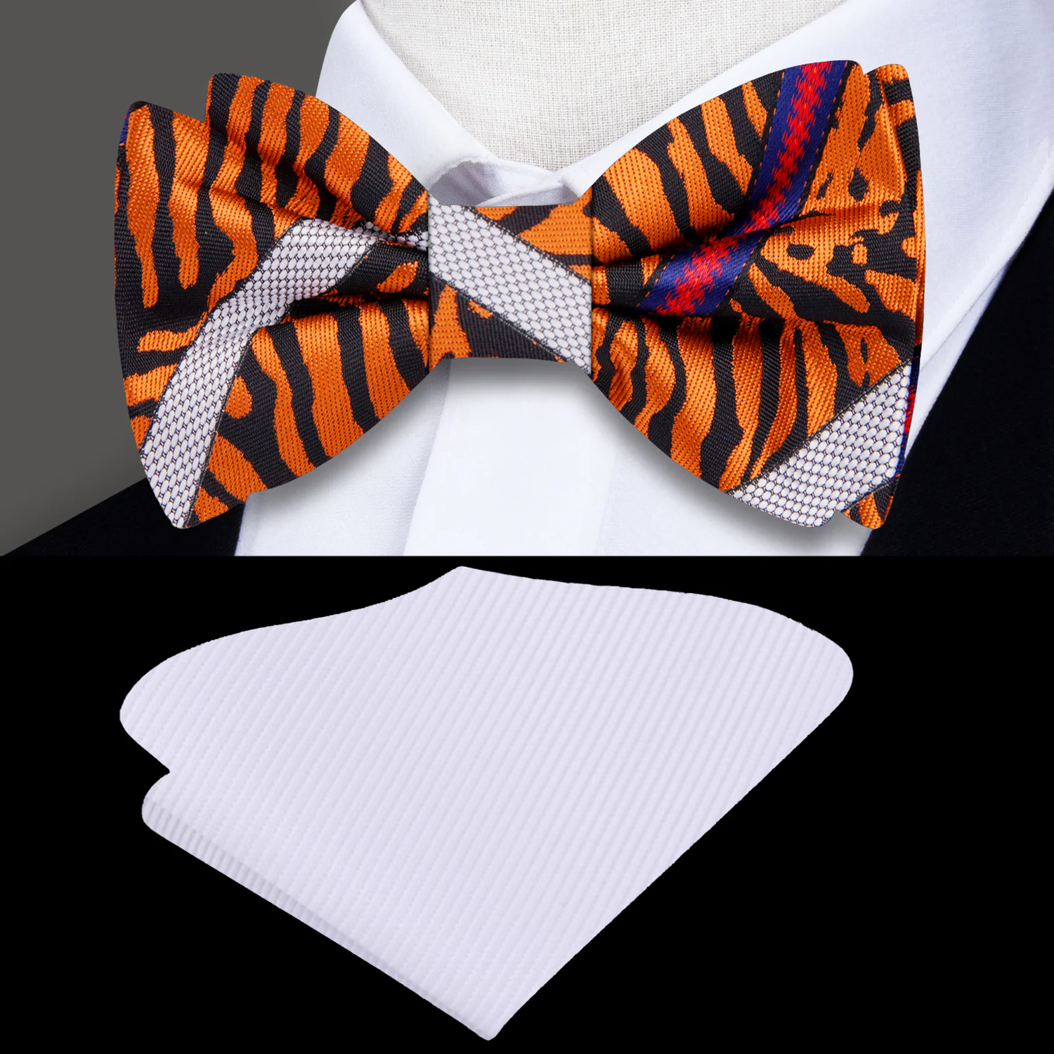 Orange Blue Grey Red Tiger and Stripe Pattern Bow Tie and White Square