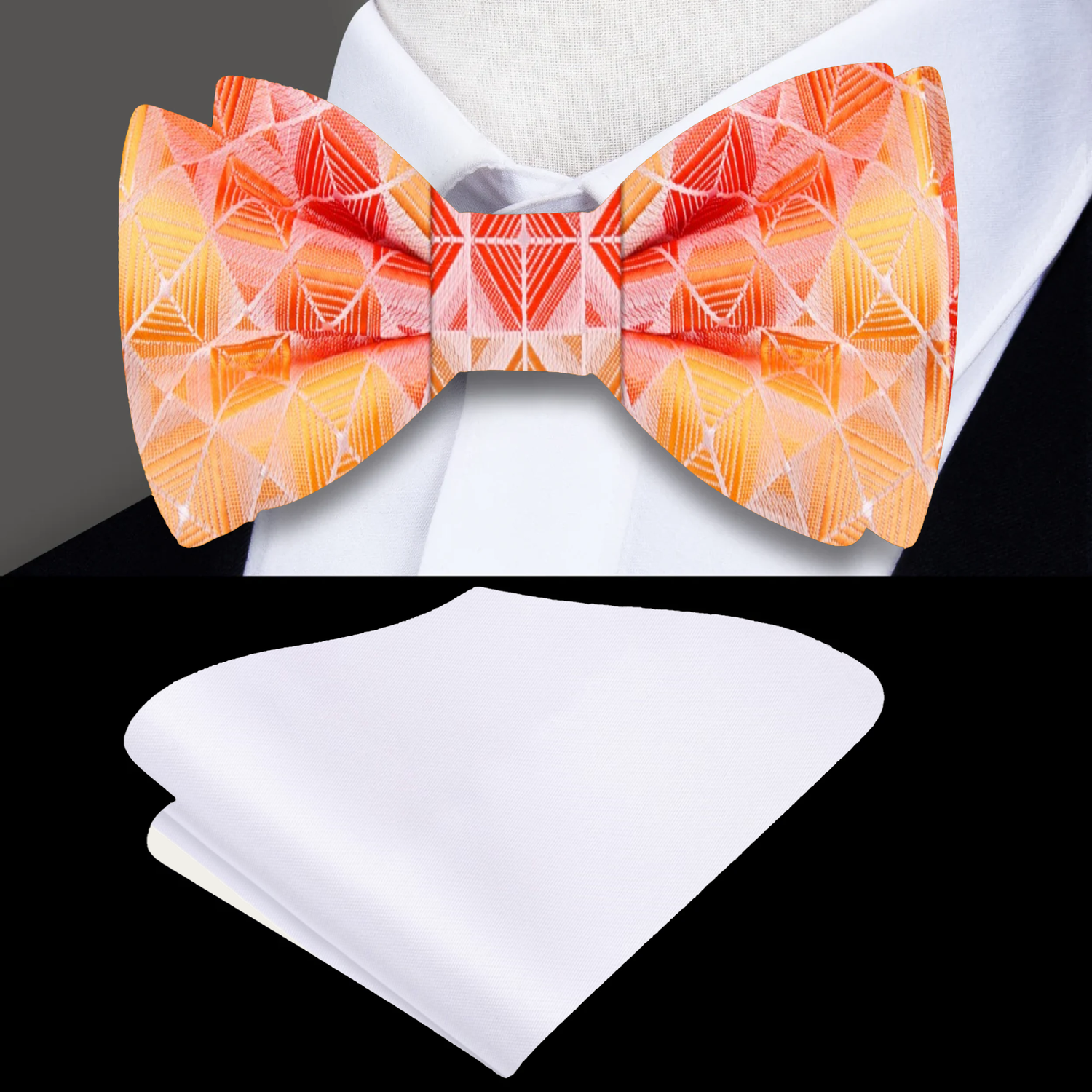 Main: Shades of Orange Geometric Blocks Bow Tie and Light Grey Square on Suit