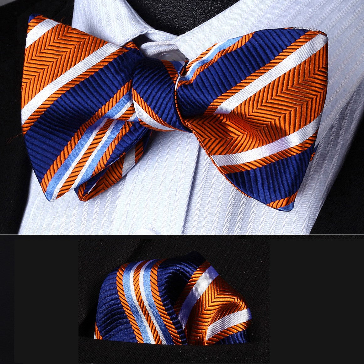Orange and Blue Stripe Bow Tie and Pocket Square