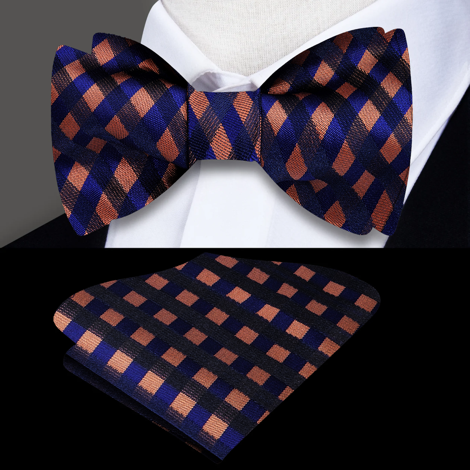 Orange, Blue Check Bow Tie and Pocket Square