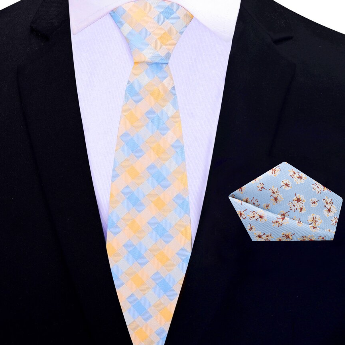 Thin Orange, Blue Geometric Necktie and Accenting Square