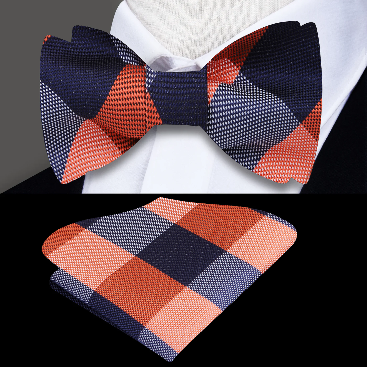 Blue, orange plaid bow tie and pocket square