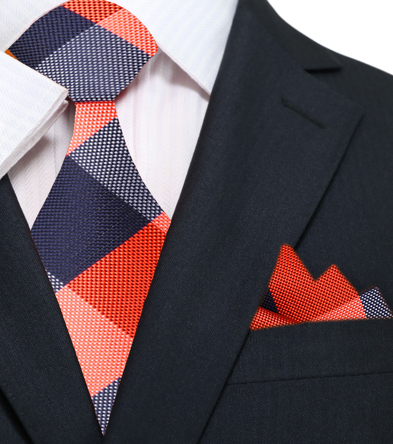 Main: A Orange, Blue Plaid Pattern Silk Necktie, Matching Pocket Square