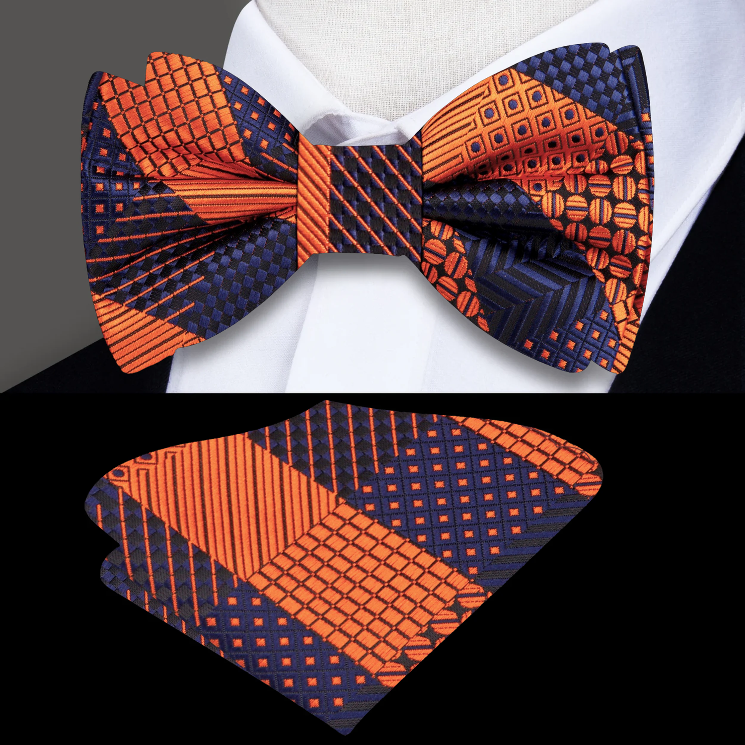 Orange Blue Geometric Bow Tie and Square