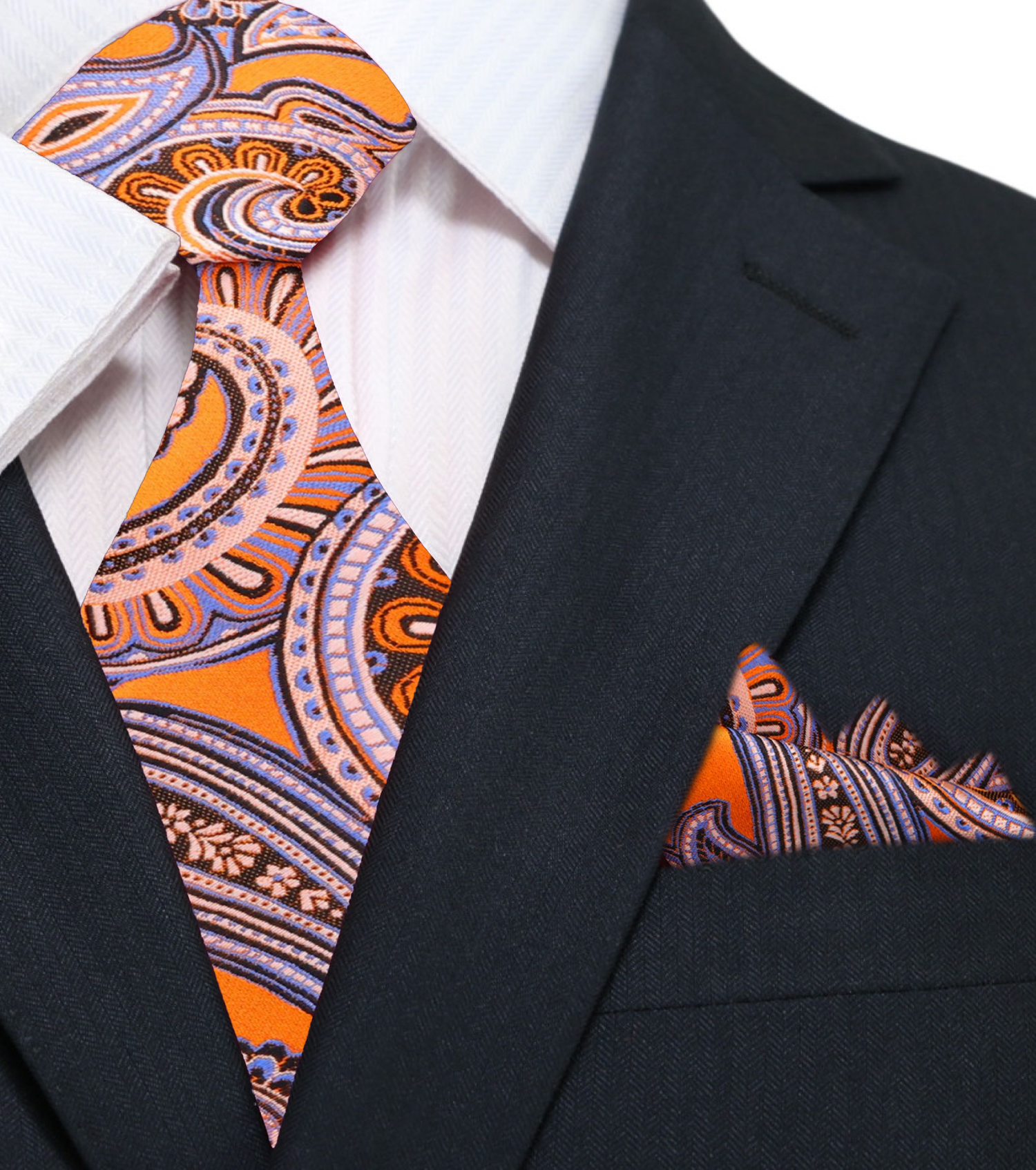 A Orange, White Paisley Pattern Silk Necktie, Matching Silk Pocket Square