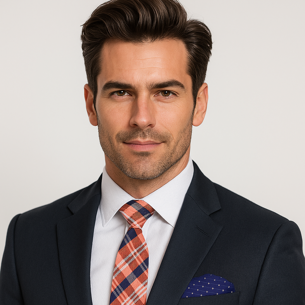 Man wearing a dark suit with a plaid tie and white shirt against a light gray background
