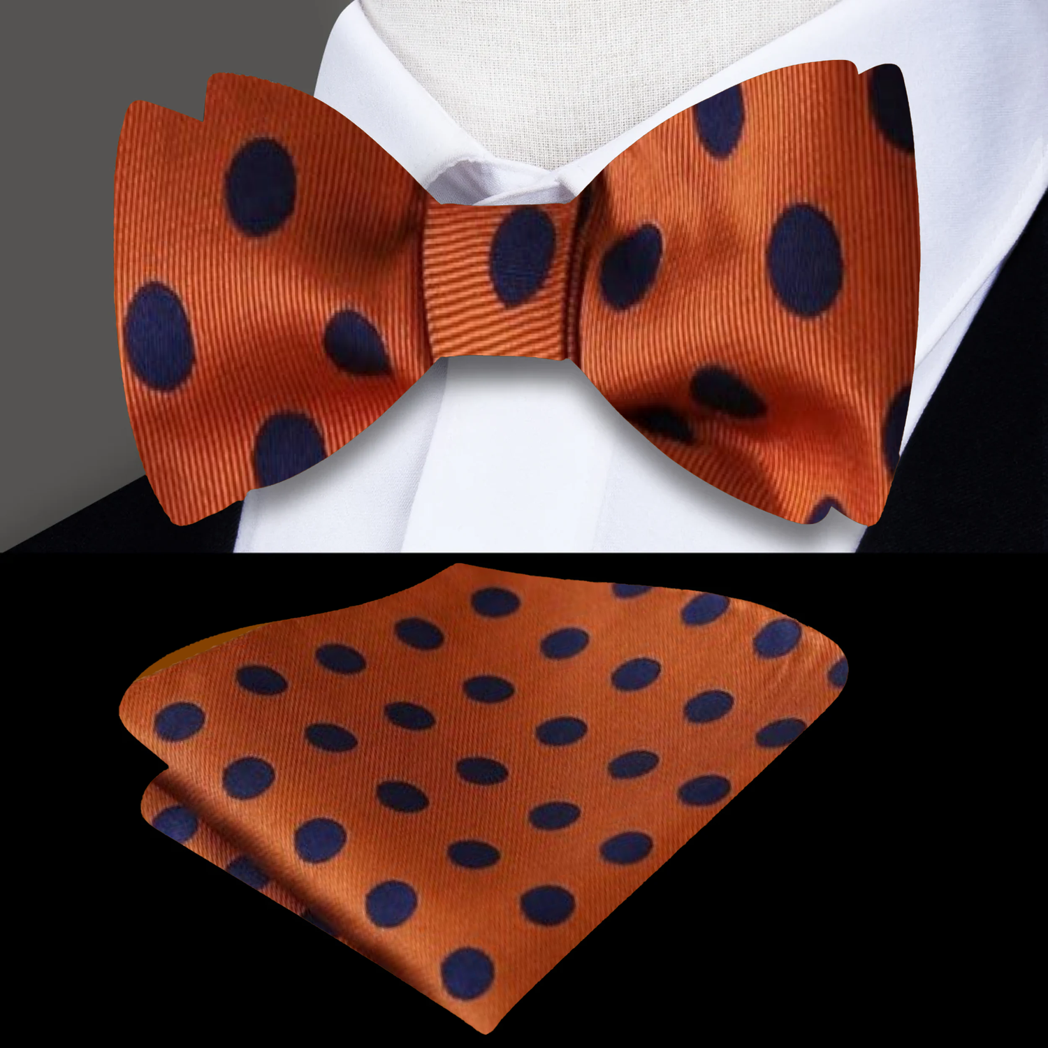 Main: A Orange, Blue Polka Pattern Silk Pre Tied Bow Tie, Matching Pocket Square