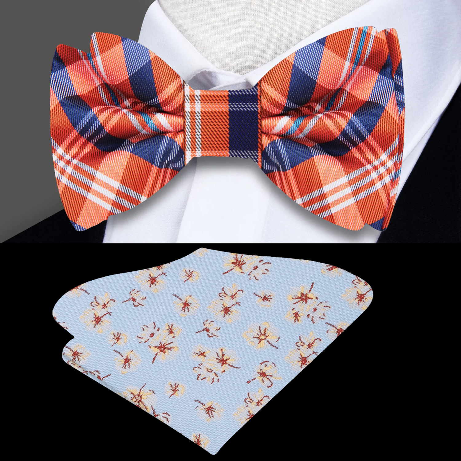 Orange and Blue Plaid Bow Tie and Accenting Blue Square