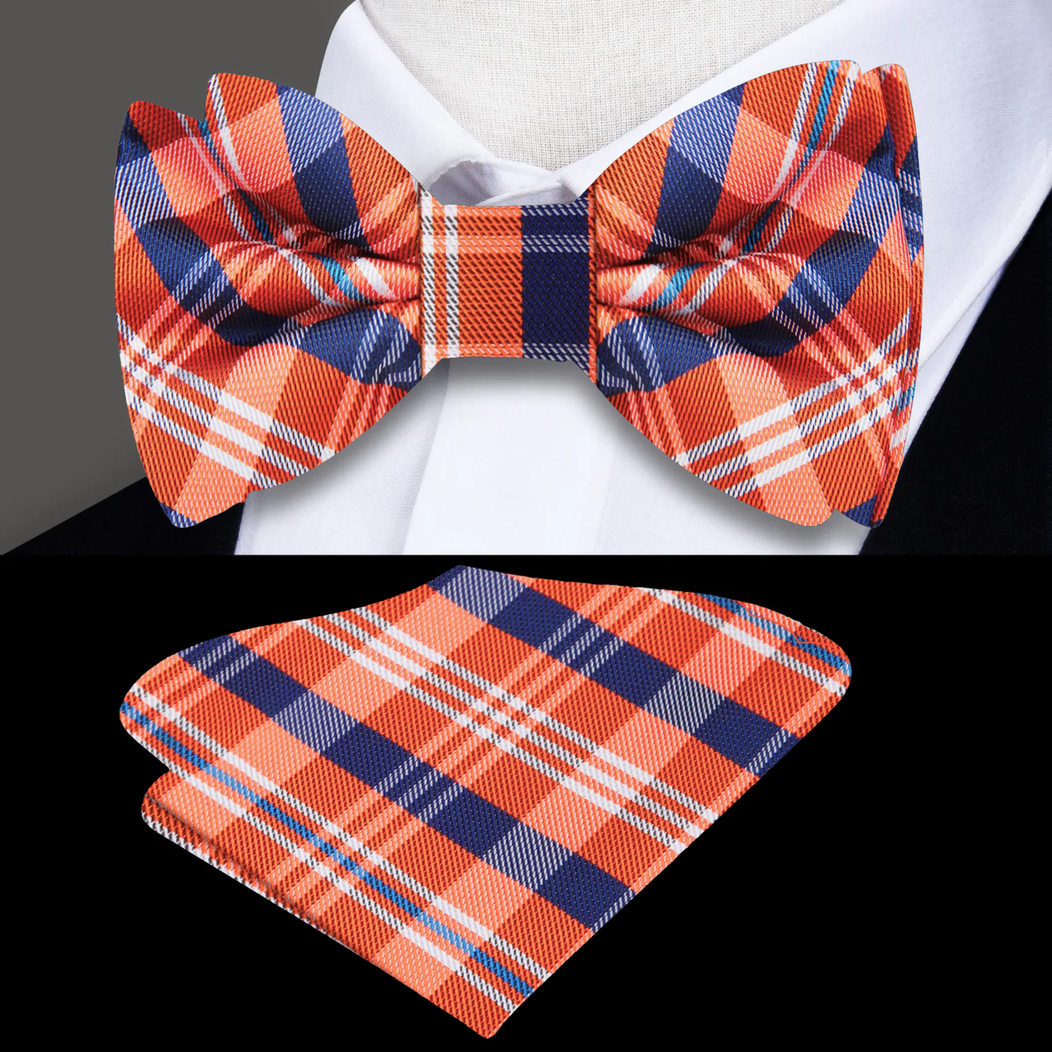 Orange and Blue Plaid Bow Tie and Square