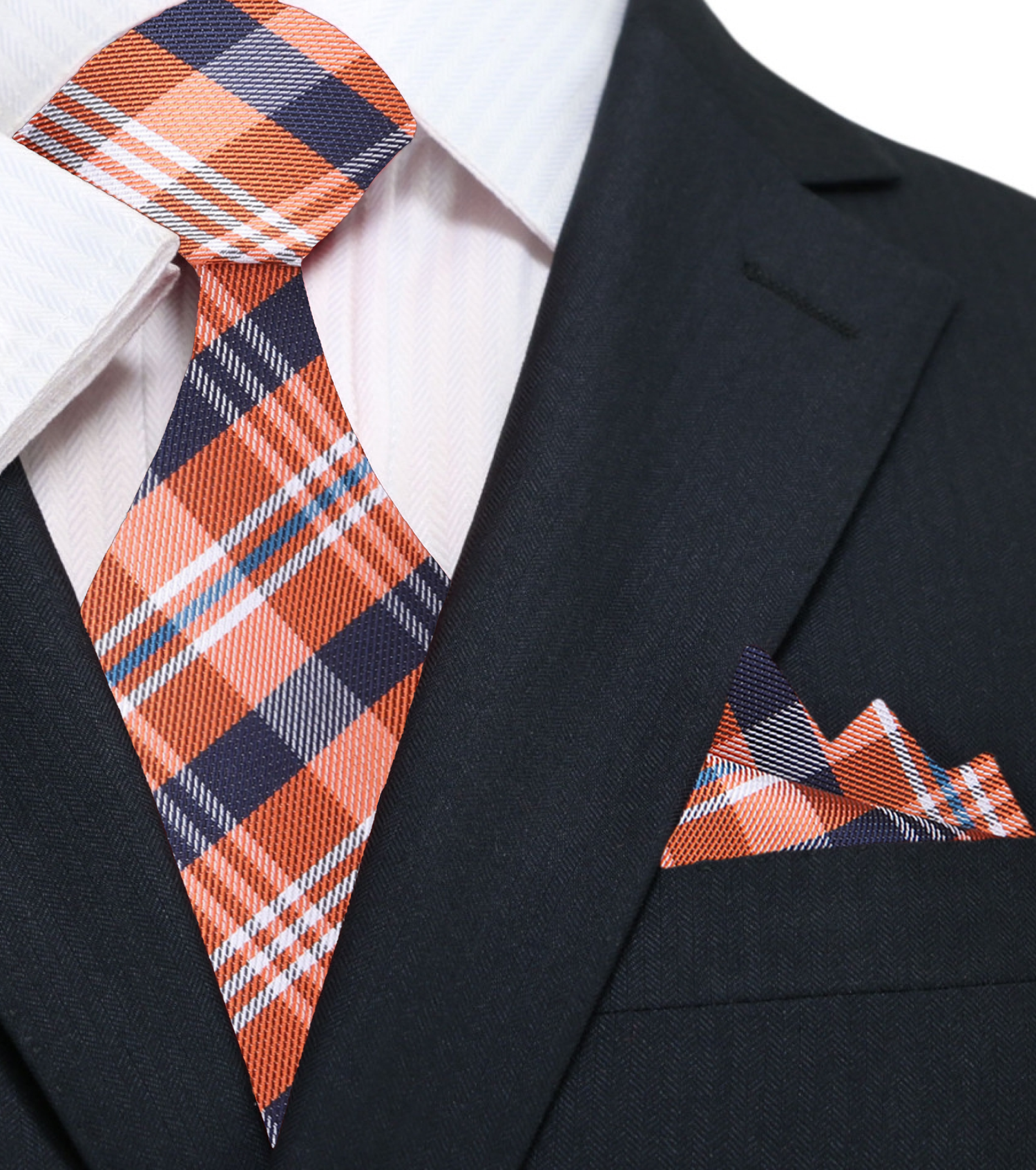 An Orange And Dark Blue, White Plaid Pattern Silk Necktie, Matching Pocket Square