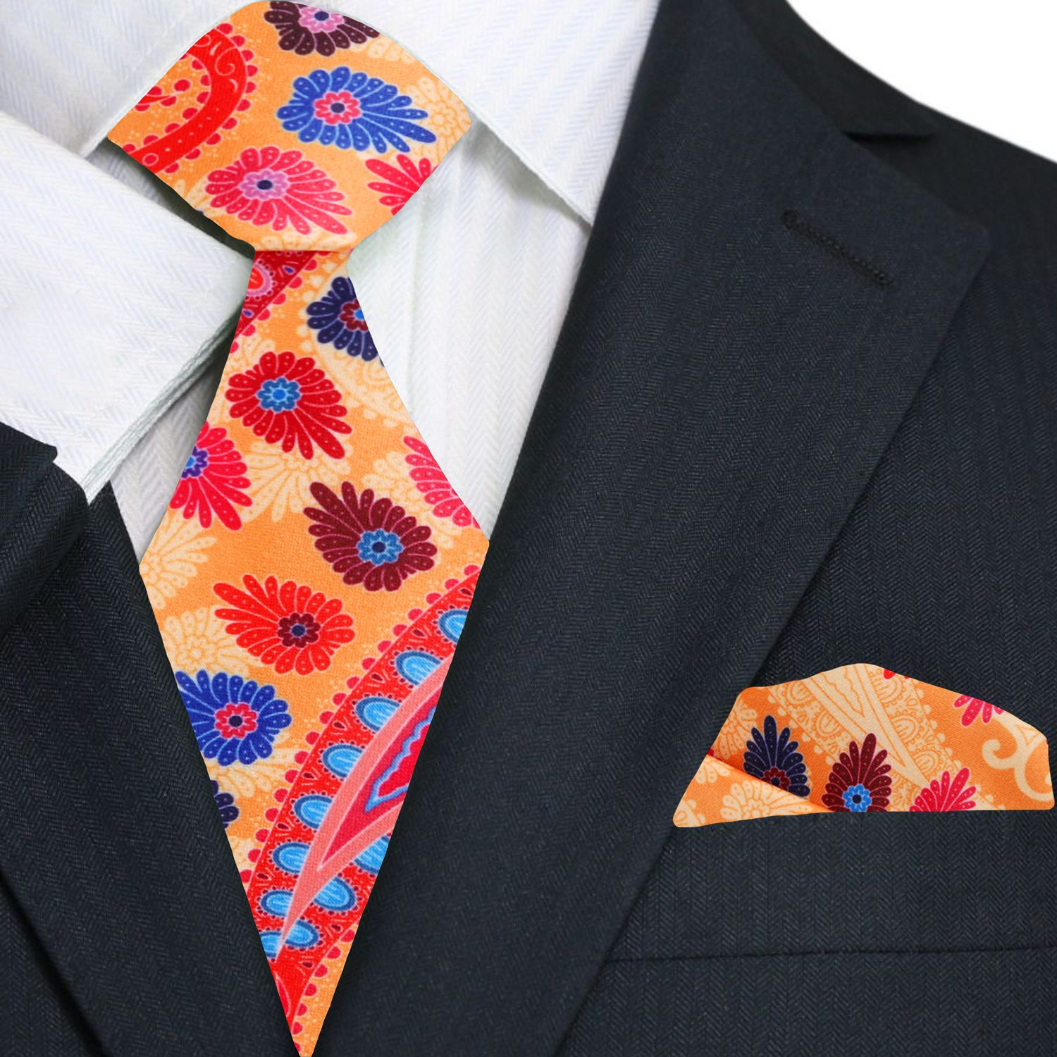 Premium A Orange, Pink, Blue Color Abstract Paisley Silk Tie, Pocket Square