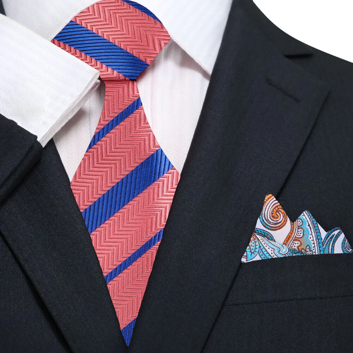 Orange and Blue Stripe Necktie and Accenting White, Blue and Orange Paisley Square