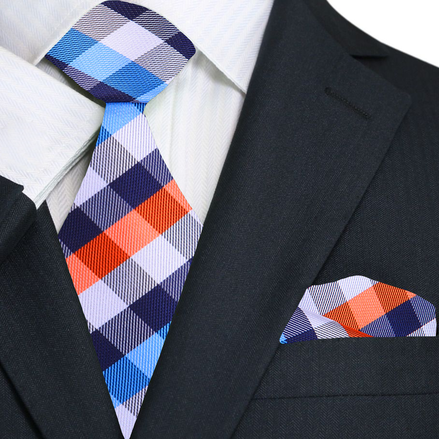 A Light Blue, Orange, White Geometric Check Pattern Necktie, Matching Pocket Square